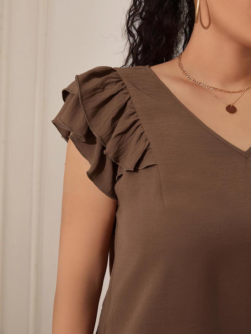 Product Introduction of CURVZY Plus Size Solid Ruffle Trim V Neck Blouse, Casual Top for Summer, Women's Plus Clothing for Daily Wear 17