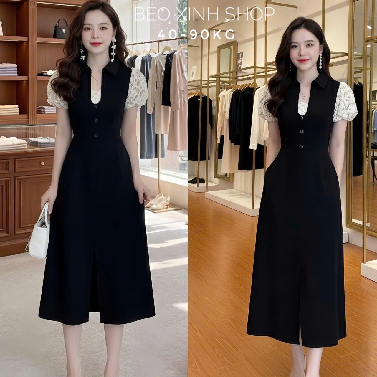 Đầm Dự Tiệc Thiết Kế Dáng Dài Cổ U Phối Ren Tiểu Thư (Vải Tuyết Mưa Phối Ren) Cao Cấp Cho Nàng Bigsize 40–90kg - A.1700