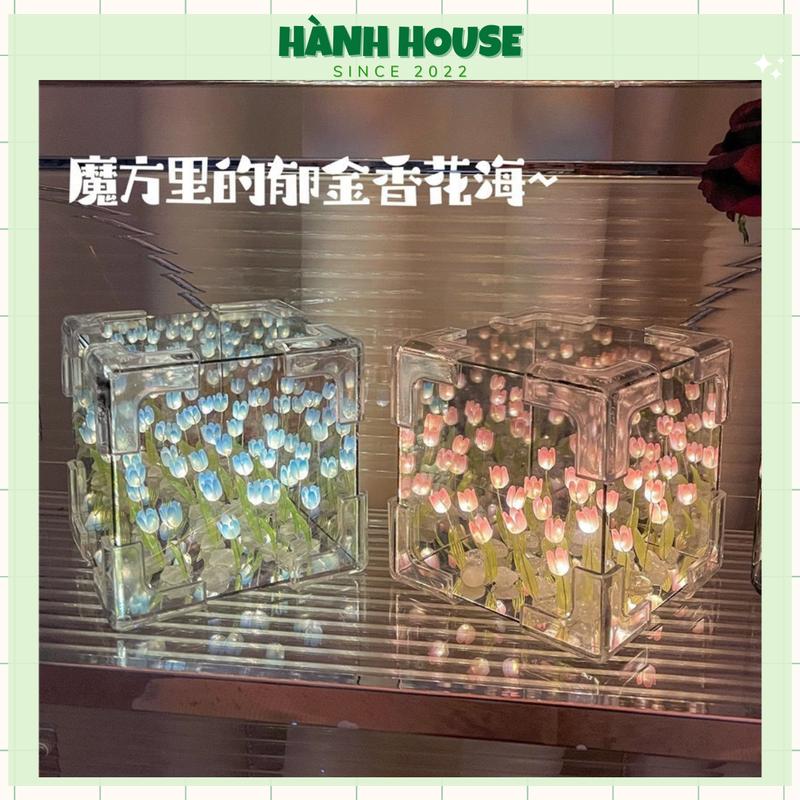 (Tặng thiệp + túi) [Handmade tulip 10cm] Hộp đèn ngủ, hộp gương trang trí 10cm hoa tulip phát sáng cực đẹp