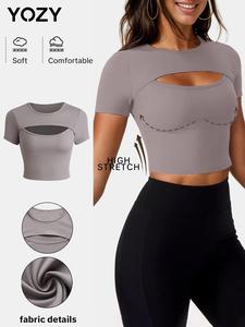 YOZY-GOOO Women's Plain Cut Out Round Neck Crop Tee, Casual Short Sleeve Crew Neck T-Shirt for Daily Wear, Ladies Clothes for All Seasons