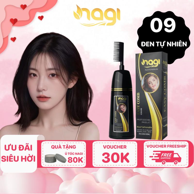  Dầu gội nhuộm tóc thảo dược Nagi màu 09 Đen Tự Nhiên chai 400ml Đổi Màu Tóc Nữ 