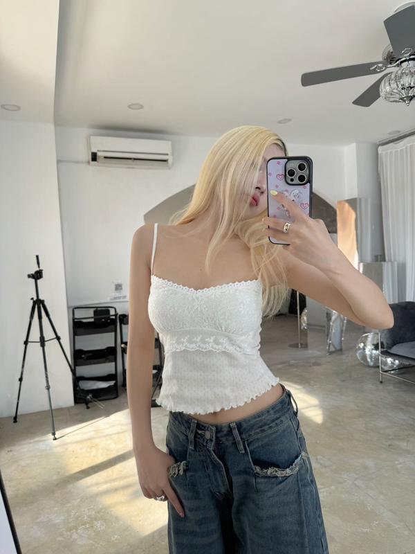 Áo Hai Dây Nơ Ren Form Ôm, Áo Dây Viền Ren Croptop Chất Cotton Thoáng Mát | ELEGANT TOP | Secodee 0