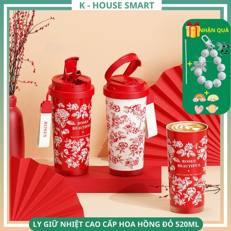  Ly giữ nhiệt cao cấp hoa hồng đỏ K House 520ML tặng móc treo+ sticker+ cọ vệ sinh ống 