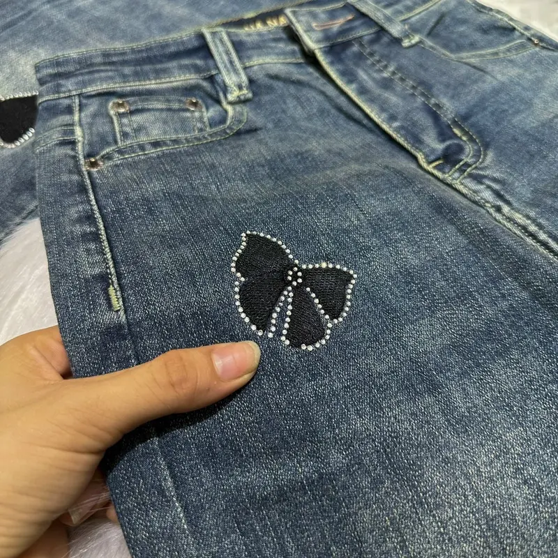 [N550 - Loe] Quần Jean Ống Loe thêu nơ đính đá chất vải QC mềm co giãn màu xanh rêu bụi dài 95cm 6