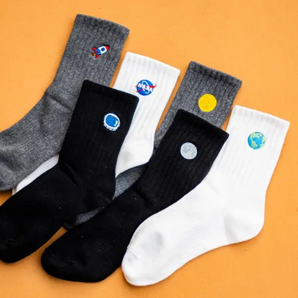 IDENTITY Apparel Basic High Cut Crew Length Cotton Socks w/ Arch Support and Astronautics Embroidery