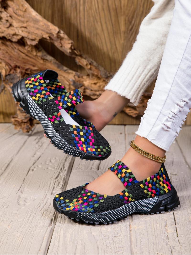 Product Introduction of Women's Boho Style Colorful Plaid Pattern Slip on Sandals, Casual Comfortable Flat Sandals for Summer, Female All-match Round Toe Shoes for Daily Wear, Girl 2