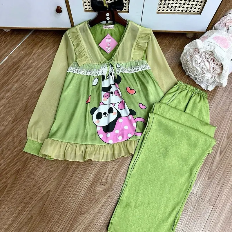 (40-60kg) Bộ pijama tiểu thư lụa xước tay dài quần dài nhiều mẫu Áo Ngủ Quần Ngủ Nữ Women Nhung Voi Nho