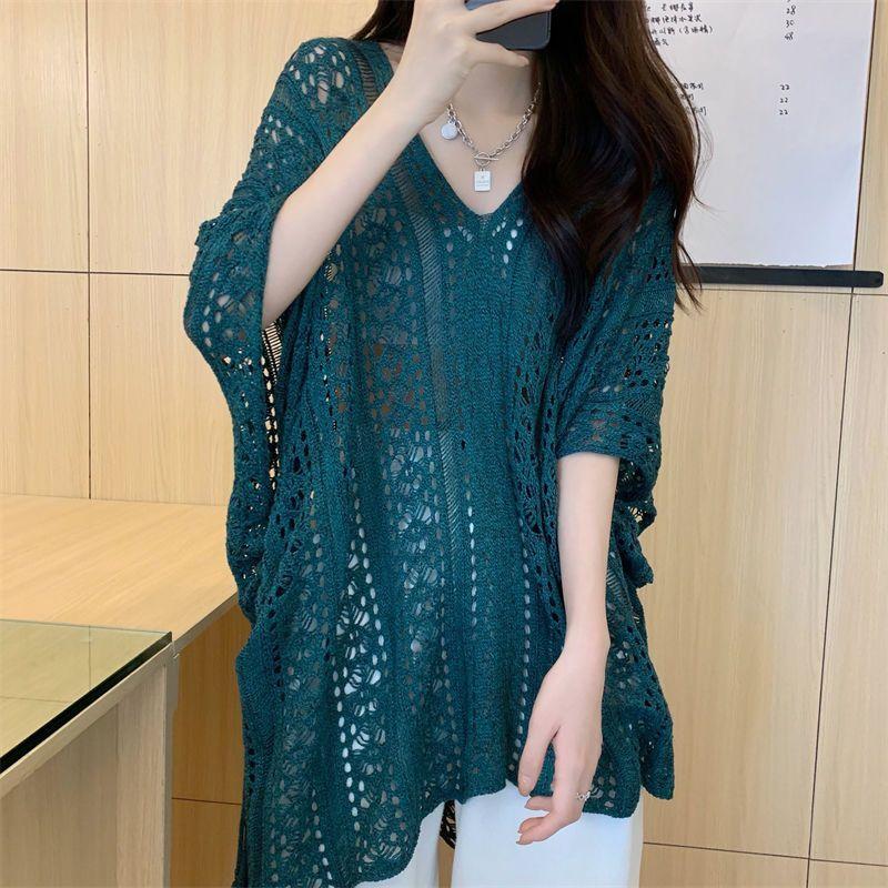 Product Introduction of Retro Hot Girl V-neck Hollow Knitted Sun Protective Blouse Women's Summer Design Sense Niche Loose Slimming outside Wear Top 10