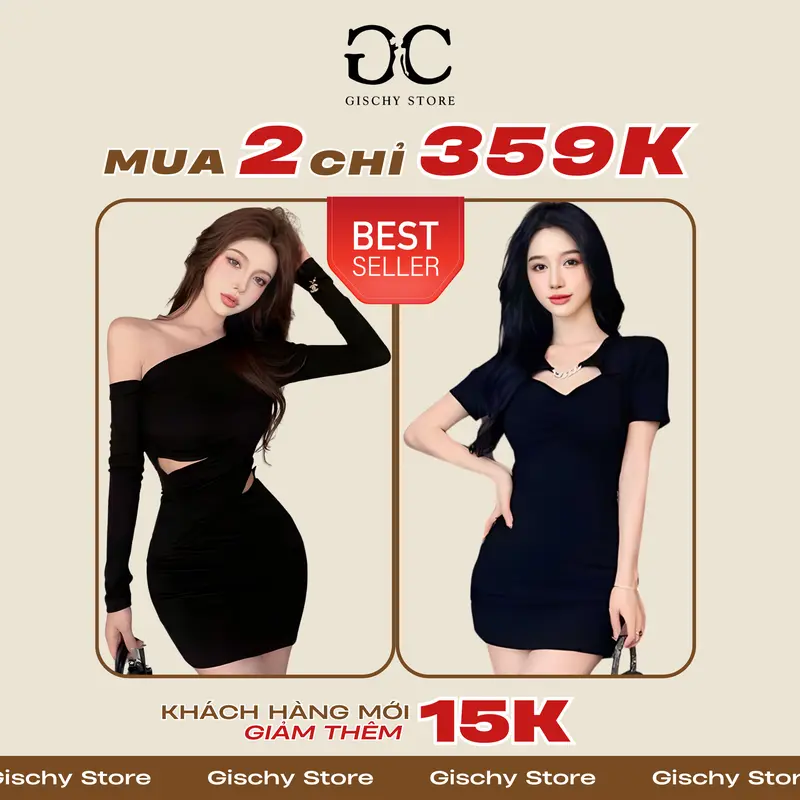 GISCHY-GC02-Váy Đầm Body Nữ  GYSCHY Thiết Kế Lệch Vai Khoét Eo Dáng Ôm Thời Trang Quyến Rũ Màu Đen Women Dress Khuy 2