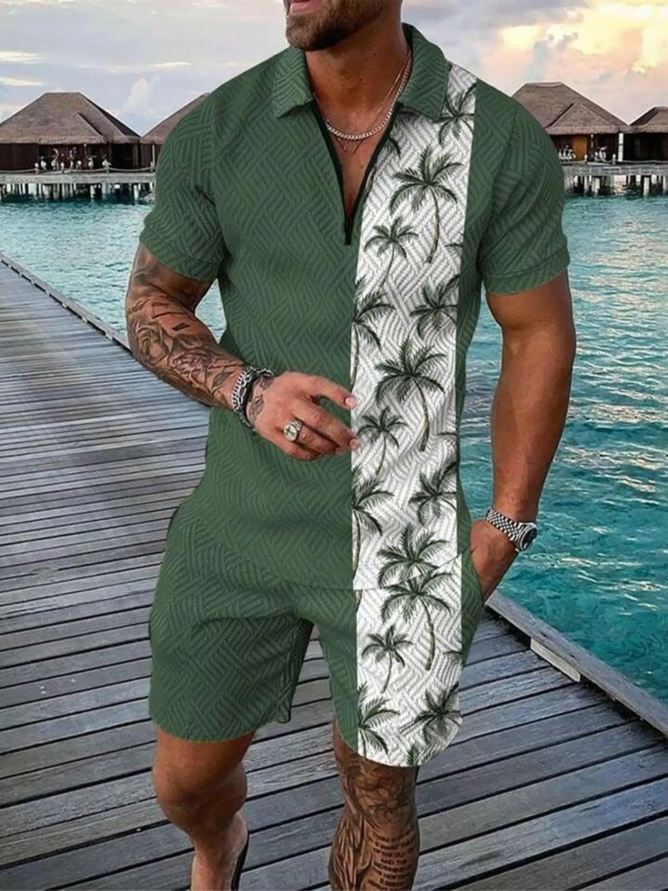 Men's Tree Print Short Sleeve Top & Shorts Set, Regular Fit Casual Collared Top & Shorts, Summer Outfits Clothes Set for Men