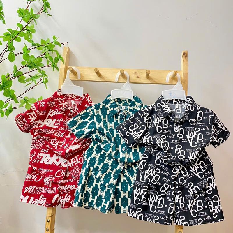 (MT05, 10kg-30kg) COMBO 3 Bộ quần áo sơ mi LỤA cho bé chơi tết, họa tiết chữ dễ thương phong cách lịch sự