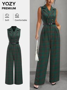 YOZY Women's Plaid Print Double Button Belted Wide Leg Jumpsuit, Casual Lapel Sleeveless Pocket Jumpsuit for Daily Wear, Ladies Clothes for All Seasons