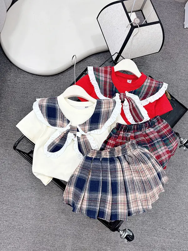 Bộ Áo + Chân Váy 13-26 kg  chân váy kẻ cổ bèo  cho bé gái 4
