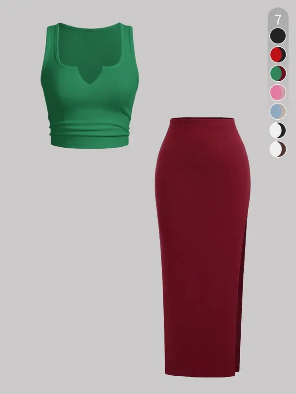 Two-Piece Set Women's Solid Ribbed Crop Tank Top & Side Split Skirt, Casual Sleeveless Top & Long Skirt for Daily Wear, Ladies Clothes for All Seasons, Polish 0