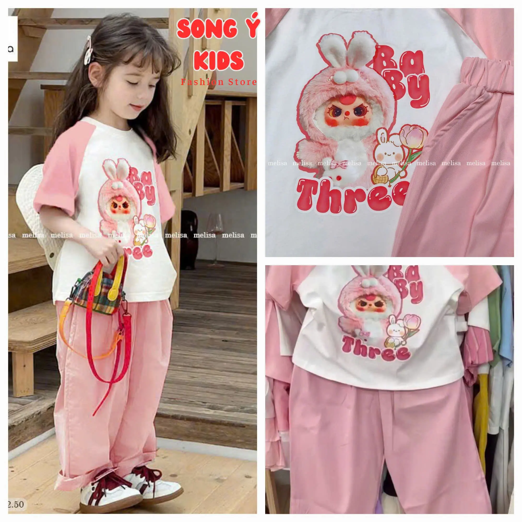 Set cotton BABY THREE dáng boom trắng hồng[ Melisa ]