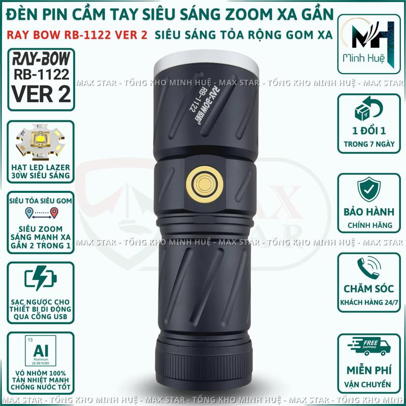 Đèn pin cầm tay RAY BOW 1122 chiếu xa 500 mét có ZOOM xa gần chống nước sạc ngược cho điện thȯại siêu sáng raybow1120
