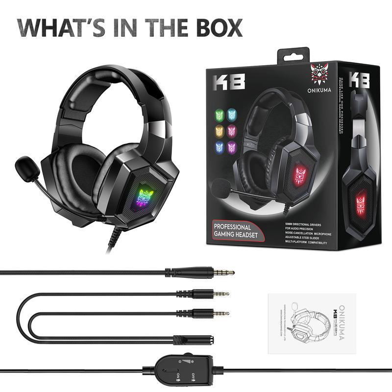 Fon Kepala Permainan, ONIKUMA K8, dengan Mikrofon HD Fleksibel, Cahaya RGB, Bunyi Sekeliling, Alat Dengar Berwayar Atas Telinga, Sesuai untuk Permainan PC dan Xbox, Pemain Permainan 5