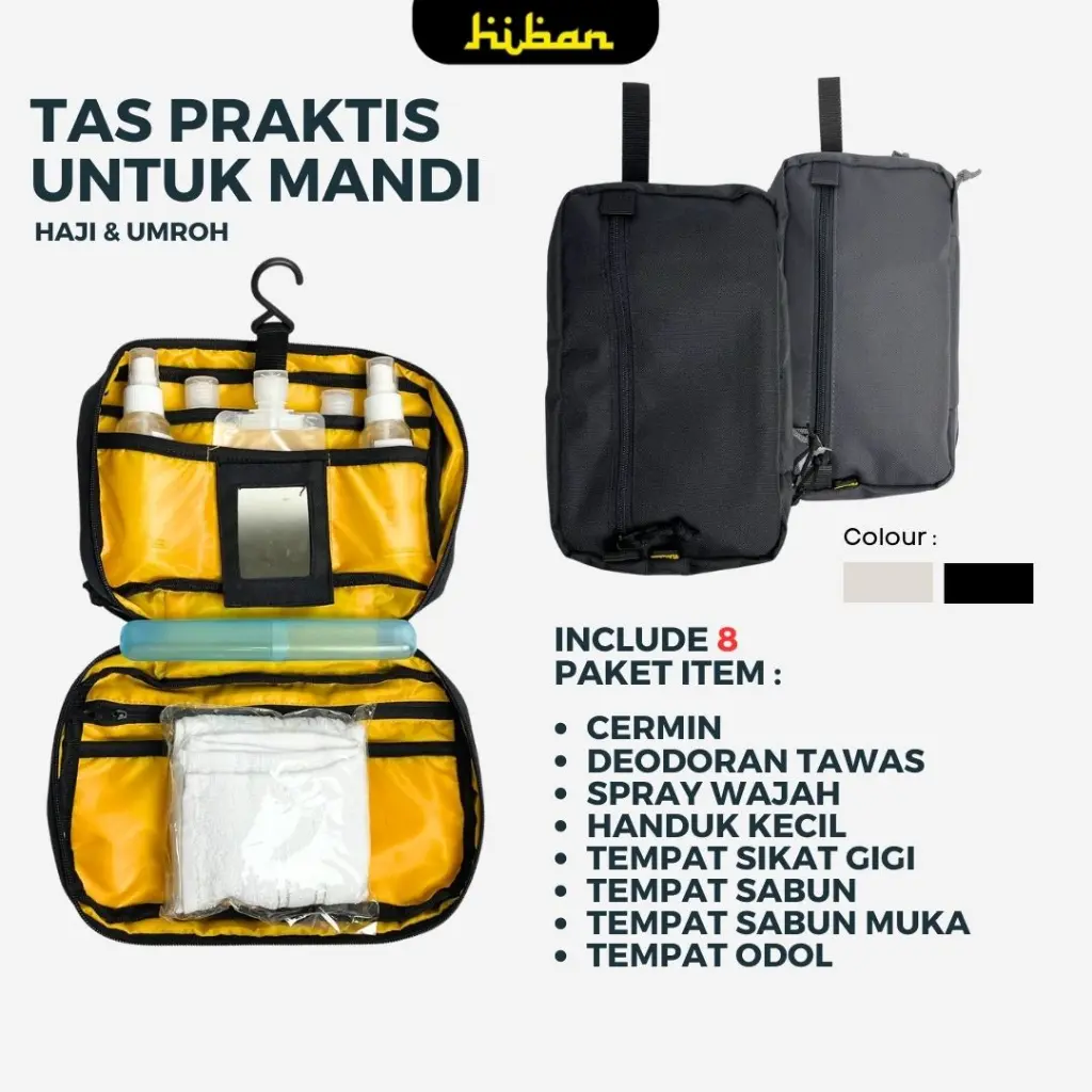 Tas Handsbag Peralatan Mandi Traveling Perlengkapan Haji dan Umroh Hiban Hitam