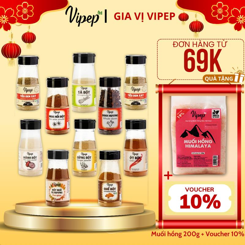 Bột Gia Vị VIPEP, gia vị tự nhiên tẩm ướp nấu ăn, gừng, tỏi, ớt, sả, tiêu, quế, hoa hồi, nghệ bột, hành bột, ngũ vị hương, riềng bột