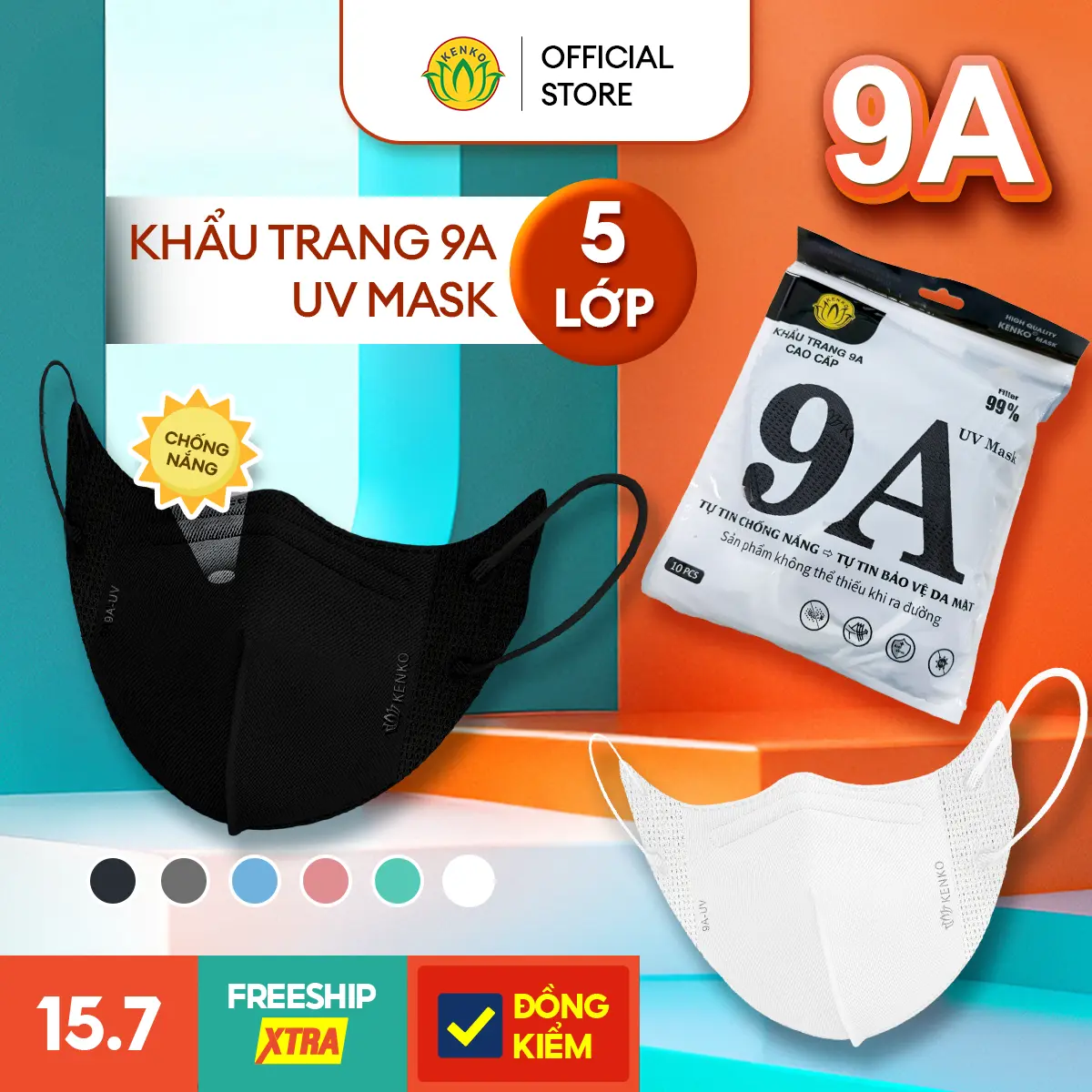 Khẩu Trang 9A Chống Tia UV Chống Nắng Kháng Khuẩn Lọc Bụi Mịn KENKO, Khẩu trang 9A Che Kín Mặt Hạn Chế Tia UV 5 Lớp Full Mặt Trắng Đen Che Tai KENKO MASK