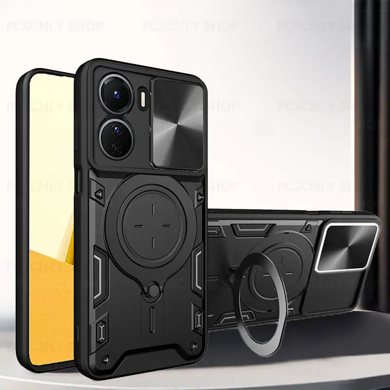Stand Holder Phone Case For VIVO Y16 Shockproof Casing Slider Camera Protection Hard Back Cover Armor V2204 V2214