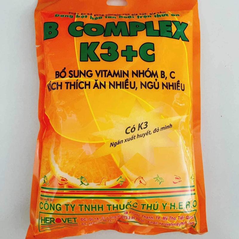  Gói thuốc bổ Bcomplex K3+C  1kg  bổ sung vitamin B,C K3 kích thích ăn nhiều ngủ nhiều ngăn xuất huyết đỏ mình tăng đề kháng cho vật nuôi gia súc gia cầm gà vịt. 
