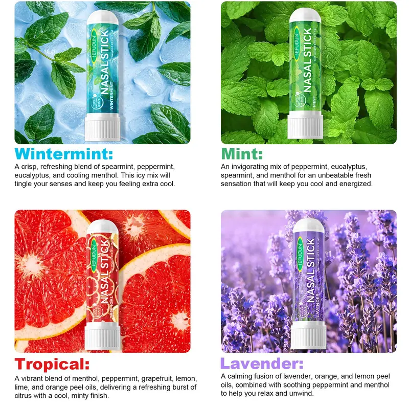 Natural Plant Essential Oil Nasal Stick, 4 Counts/set Refreshing Nasal Stick, Nasal Congestion Relief Stick, Portable Oral Care Product for Women & Men, Nasal Inhaler 7