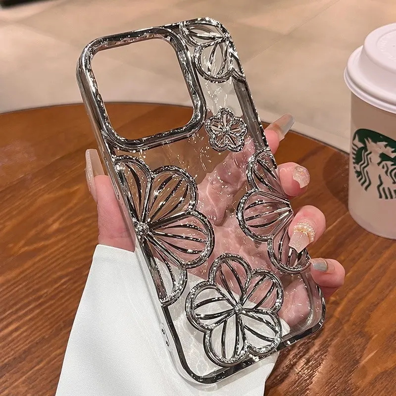 High quality electroplated three-dimensional flower phone case for iPhone 16 11 12 13 14  15 Pro Max  16 plus Anti drop lens protection soft casing phone protective case 6