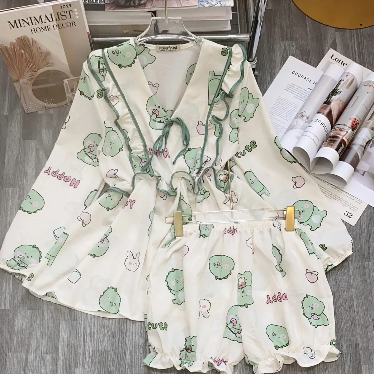 Bộ đồ mặc nhà áo babydoll phối viền quần bí chất vải xốp Women form 40-65kg nhiều hình hoạ tiết xinh