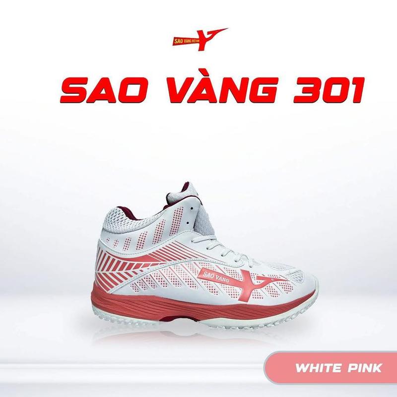 Giày thể thao bóng chuyền Sao Vàng phiên bản 301 màu Trắng Hồng tặng kèm 1 đôi tất đệt kim + túi rút thể thao