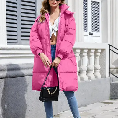 Hot pink long puffer coat deals