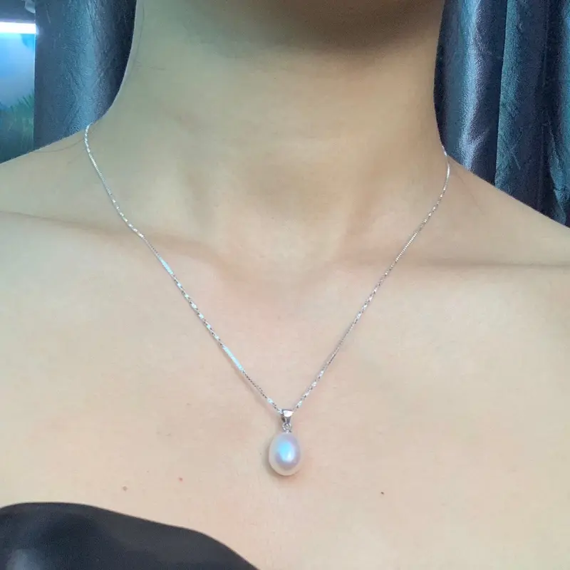 Dây chuyền và kiềng mền ngọc trai chế tác bạc 925 xi phủ bạch kim phối mặt ngọc trai giọt 9-10ly 8