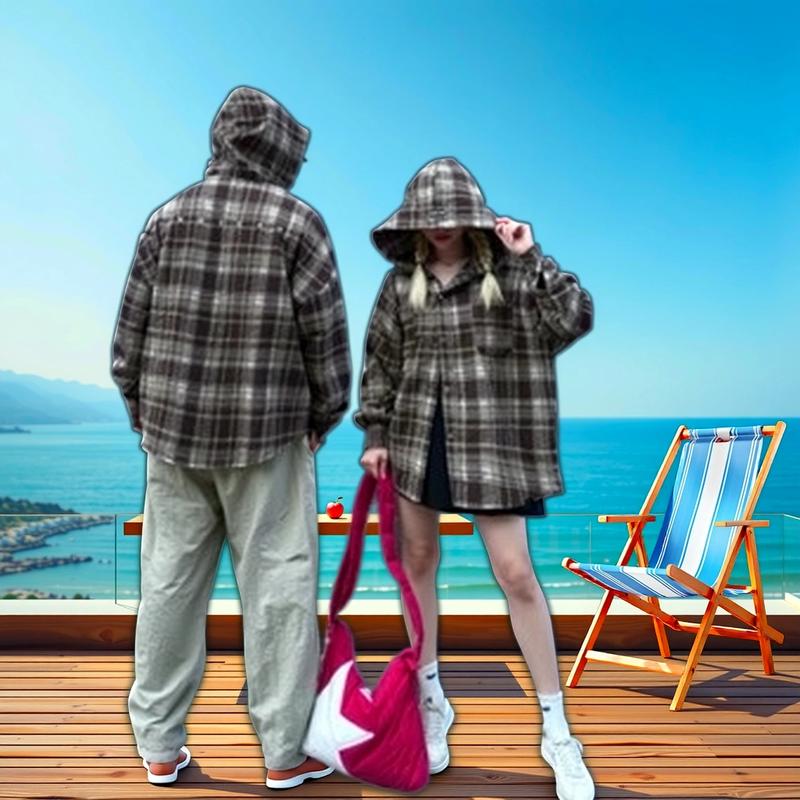 Áo Sơ Mi Flannel Nam Nữ Có Mũ Vải Dạ Mềm,Áo Sơ Mi kẻ caro Chống Nắng Cao Cấp