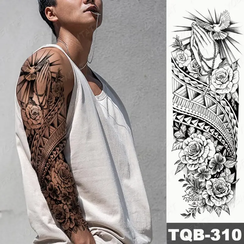 Miếng Dán Hình Xăm Tạm Thời Không Thấm Nước, Cánh Tay Áo Lớn, Thiết Kế Totem Maori Và Maya Bộ Lạc, Hình Xăm Lung Linh Thích Hợp Cho Phụ Nữ Và Nam Giới, Nghệ Thuật Cơ Thể Màu Đen, Hình Xăm Giả 4