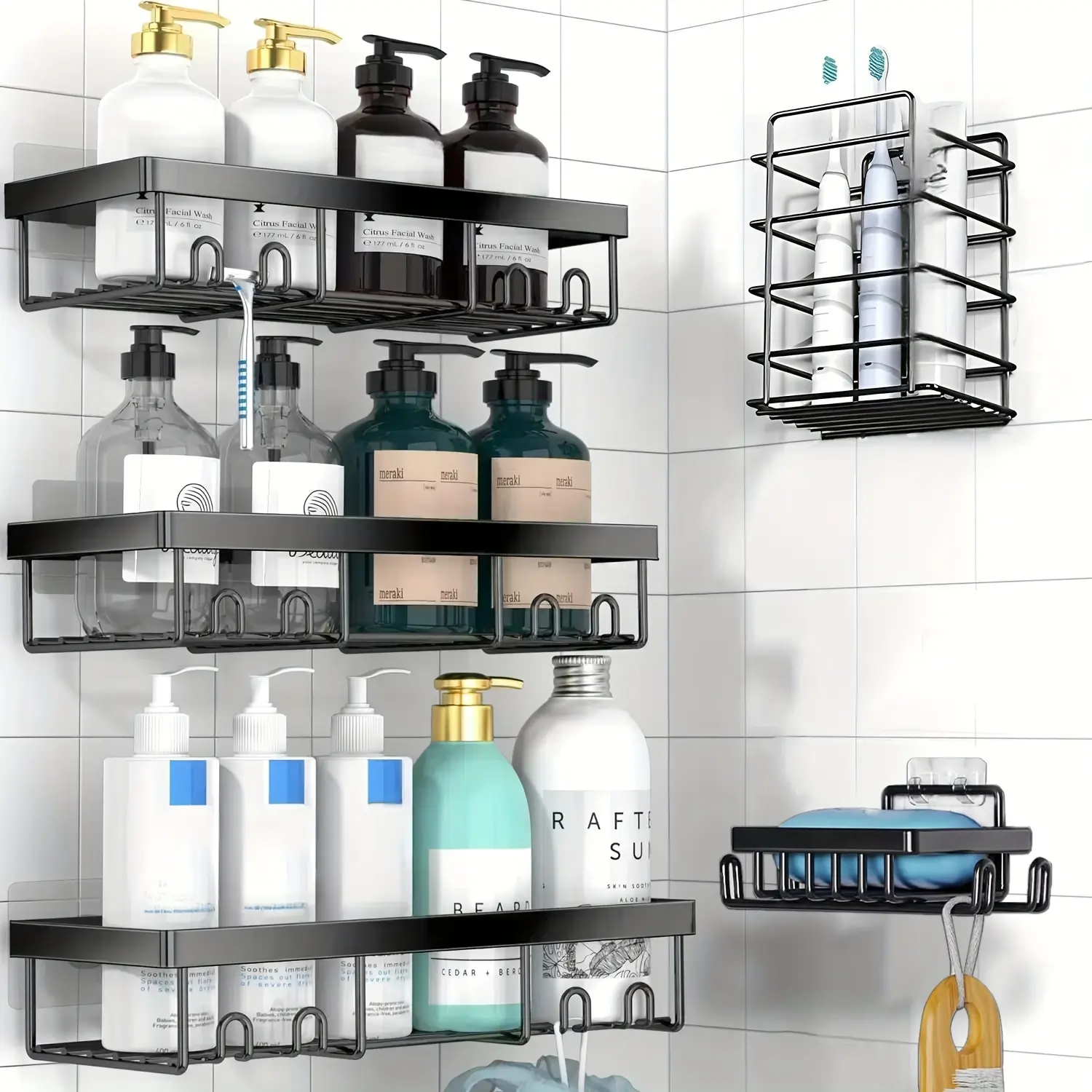 Shower rack, bathroom shower storage rack, black shower rack with soap holder and toothbrush holder, stainless steel wall hanging basket adhesive installation (5 pieces), rack