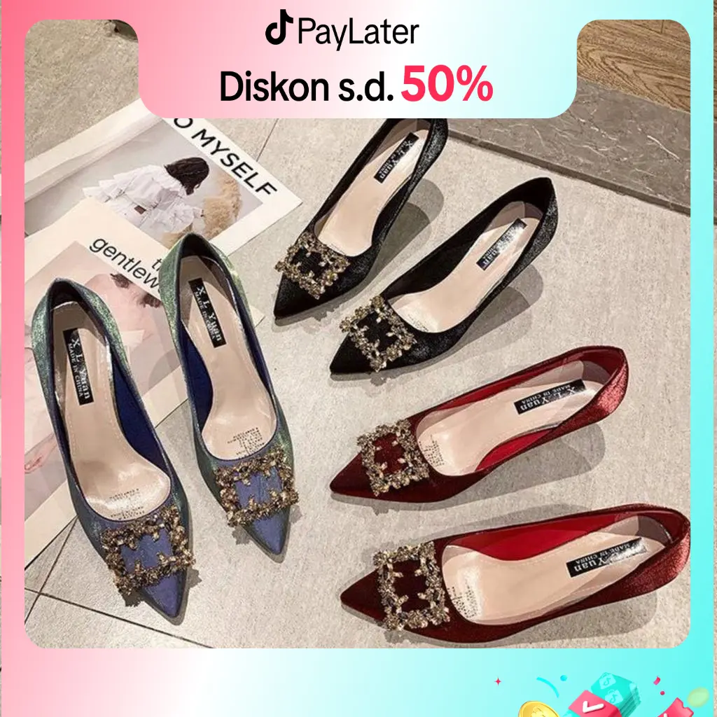 YJH Heels Sandal Hak Wanita Stiletto Canvas Shoes Fashion Ala Korea Style H4091