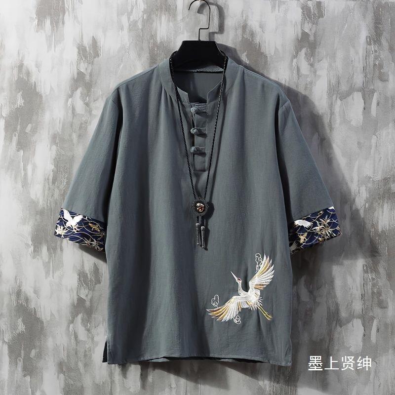 Chinese Style Men's Linen Short Sleeve T-Shirt Summer Thin Loose Plus Size Embroidered Tang Suit Half Sleeve Shirt Cotton Linen Tee 0