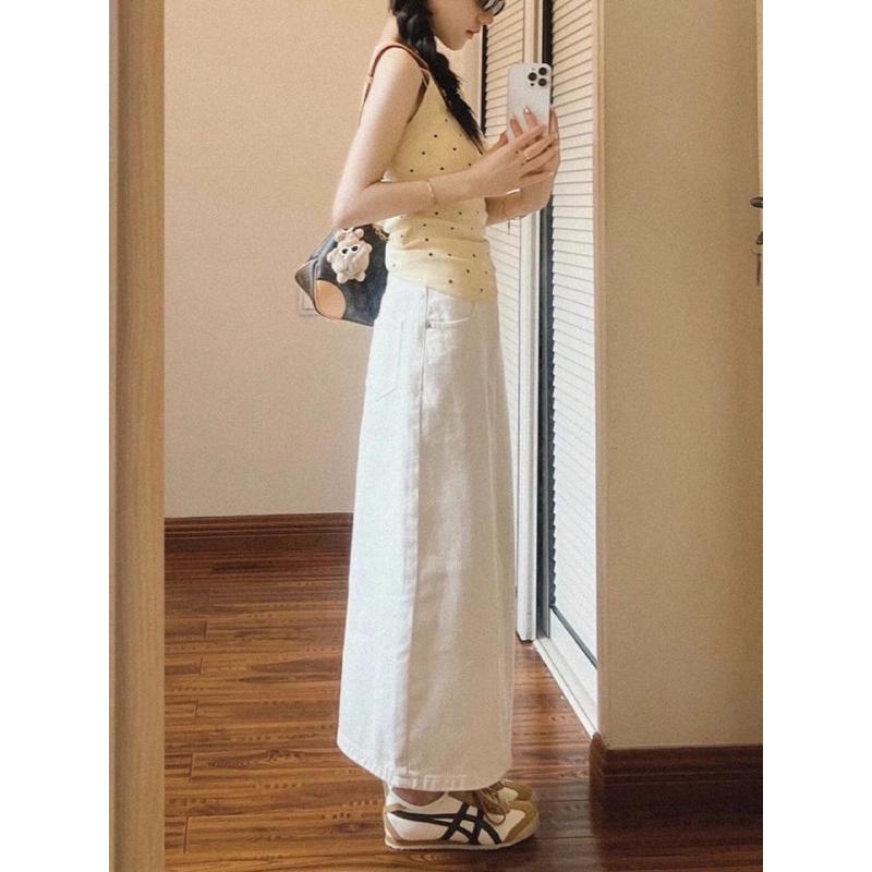 Chân Váy Jean Nữ Dáng Dài Màu Trắng Hack Dáng Tocjean
