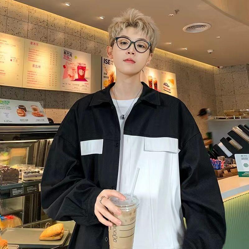 Áo Sơ Mi Bảo Hộ Lao Động, Thiết Kế Khối Màu, Dành Cho Nam Giới, Thương Hiệu Thời Trang Mùa Xuân Và Mùa Thu, Dáng Rộng Và Ngoại Cỡ, Áo Sơ Mi Dài Tay, Phong Cách Nhật Bản, Khâu Cổ Điển Màu Tương Phản, Áo Khoác 7