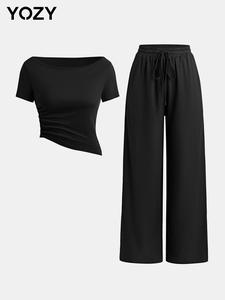YOZY Ribbed Ruched Asymmetrical Hem Tee & Drawstring Waist Wide Leg Pants Set/ Casual Short Sleeve T-shirts & Elastic Waist Straight Leg Trousers Set, 2024 Women's Summer & Fall Outfits for Daily Wear