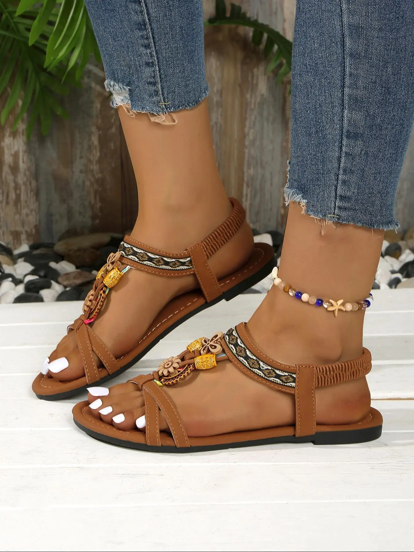 Women's Fashionable Ethnic Pattern Slip on Sandals, Casual Comfortable Sandals for Summer, Lightweight Breathable Shoes for Daily Wear, Girl