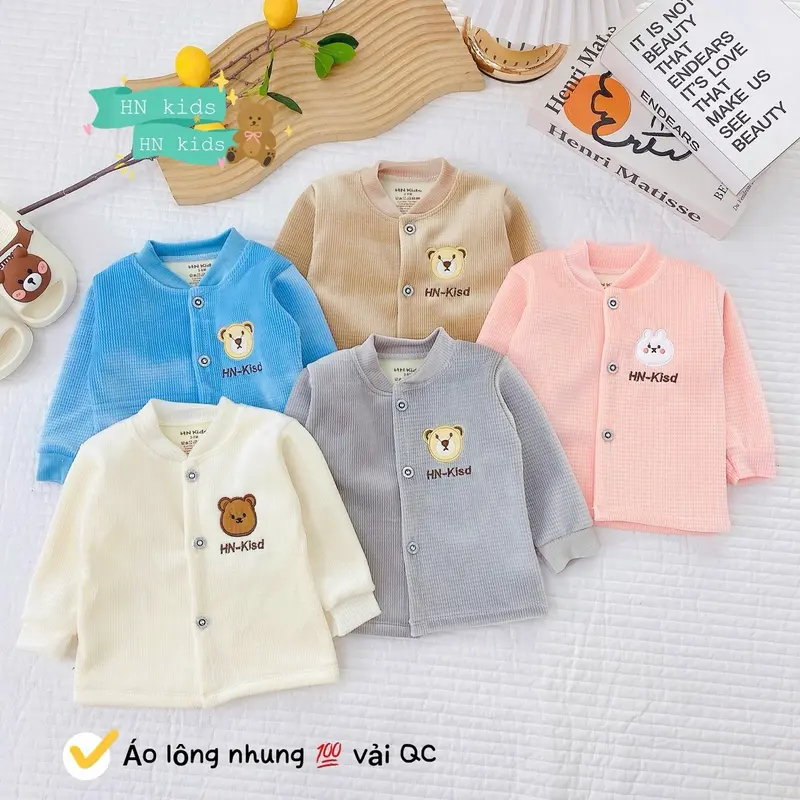 Áo Khoác Nỉ Nhung Cổ Tàu Dày Dặn Lót Lông Ấm Mềm Mịn HN Cho Bé Trai Bé Gái 3Kg~ 14Kg Mặc Mùa Đông - Voi, Len 0