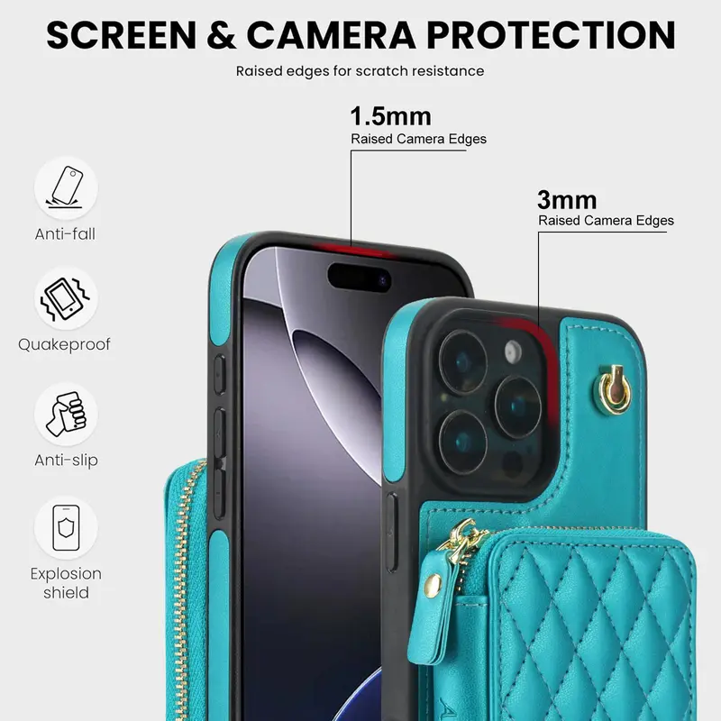 Fashionable Quilted Pattern Zipper Phone Case with Card Slot & Hand Strap, PU Leather Phone Cases for iPhone 16 Pro Max 15 Plus 14 Plus 13 12, Cover 1