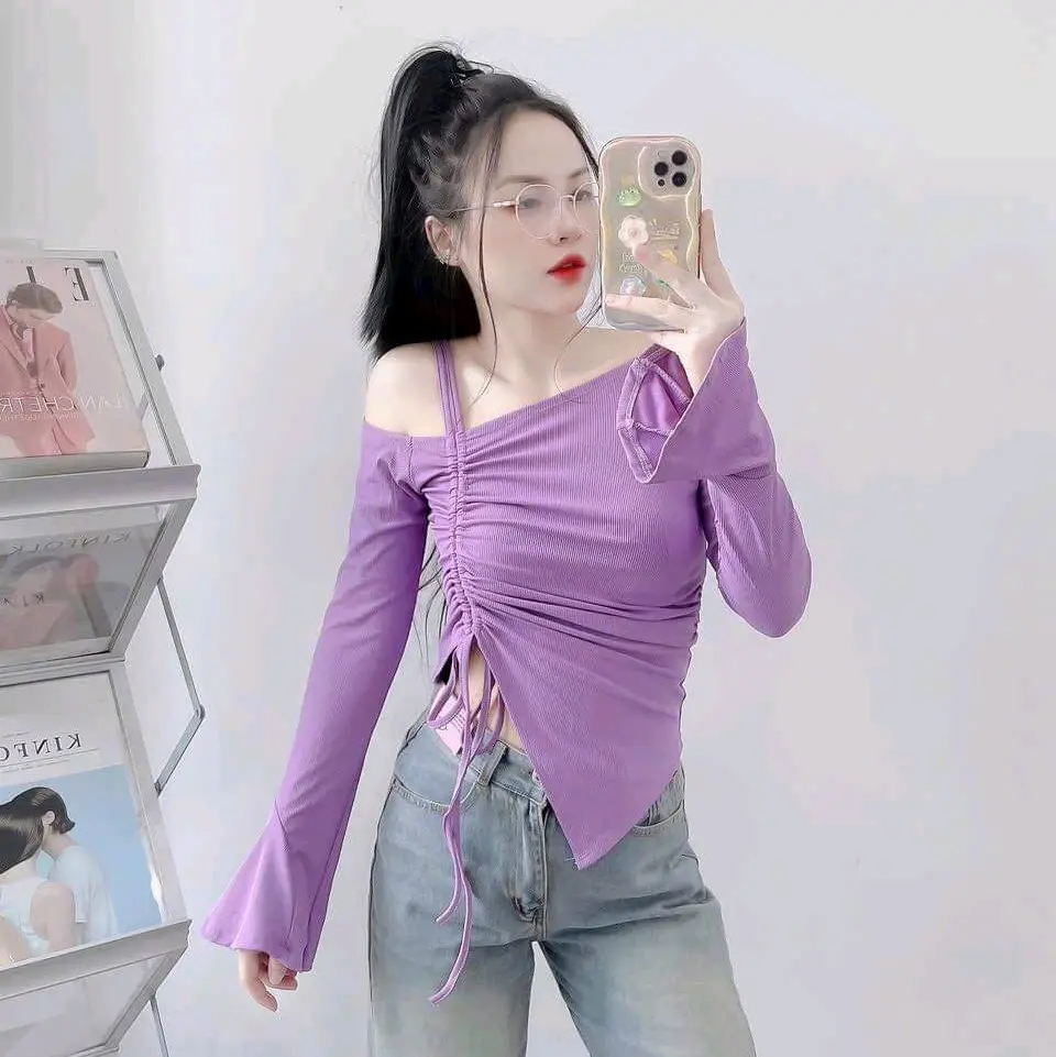 Áo Thun Dây Rút Cổ Xéo - Chất Vải Thun Gân Mềm Co Dãn Mạnh - Top