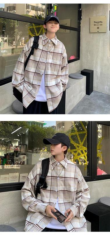 Product Introduction of Áo sơ mi kẻ sọc retro của Mỹ dành cho nam giới, áo khoác mùa thu, phong cách Hàn Quốc, trang phục Thương Hiệu Thời Trang , Cặp đôi trẻ trung, áo sơ mi dài tay 10