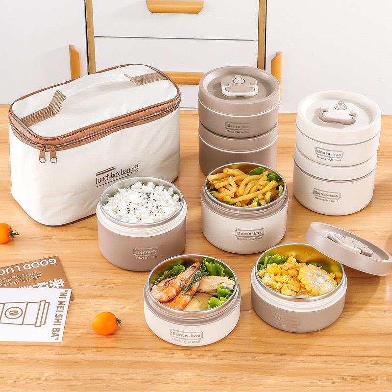 Hộp đựng cơm giữ nhiệt 4 tầng dùng được lò vi sóng ,Hộp cơm trưa văn phòng cách nhiệt bằng thép không gỉ tặng kèm túi hop com