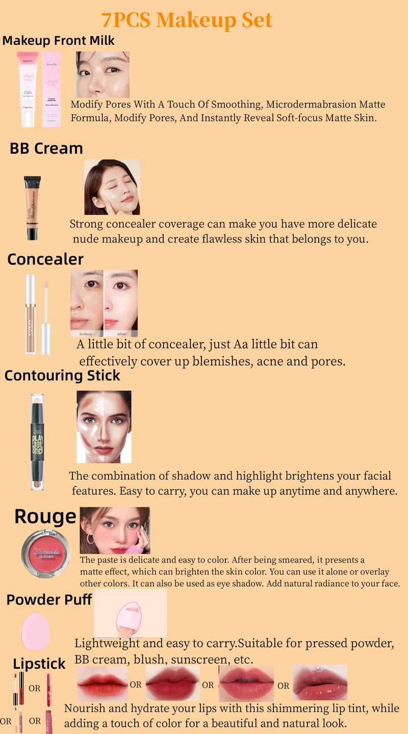 Product Introduction of Bộ Trang Điểm, 7 Món, Kem BB, Kem Kem Nền Dạng Lỏng, Kem Lót Trang Điểm Dưỡng Ẩm, Dán Tạo Đường Viền Hai Đầu, Phấn Đánh Mini, Kem Che Khuyết Điểm, Son Kem, Son Môi, Mút Đánh Phấn Mini 9