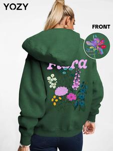 YOZY Women's Floral & Letter Print Kangaroo Pocket Hoodie, Casual Long Sleeve Hooded Sweatshirt for Fall & Winter, Ladies Clothes for Daily Wear