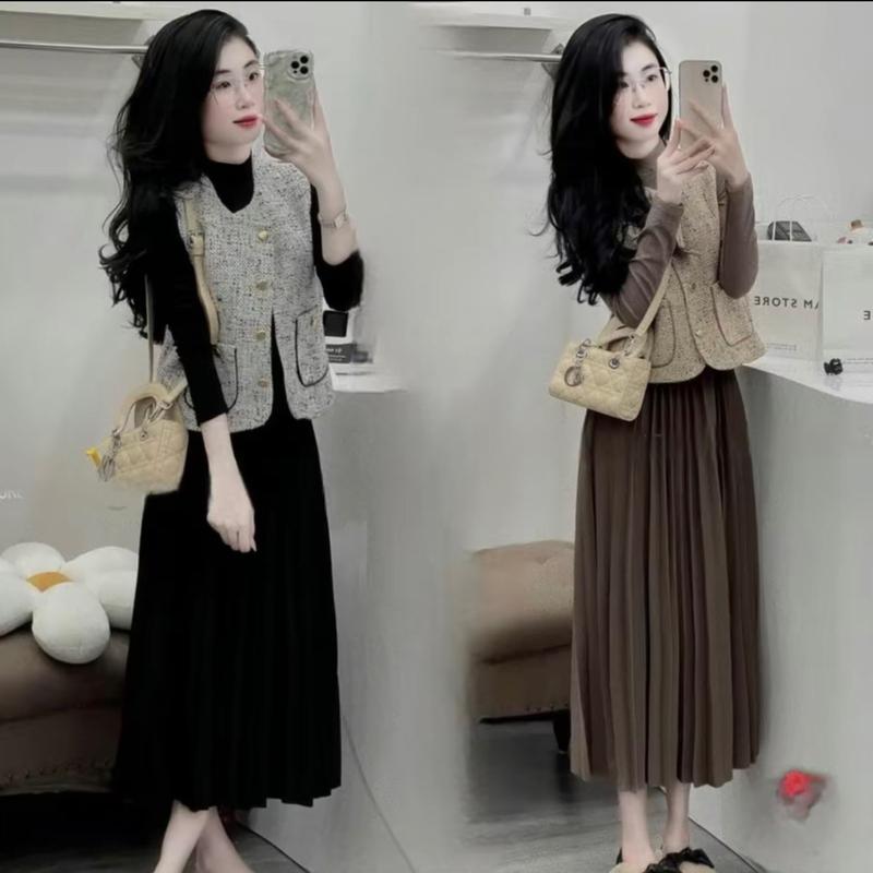 [Mami.closet] Set váy đầm  Quảng Châu thết kế váy dáng dài chân xếp ly kèm áo gile dạ phối túi siêu hot.