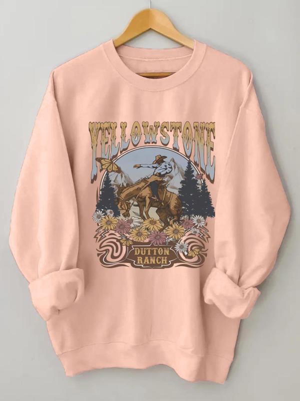 Women's Cowboy & Letter Print Drop Shoulder Sweatshirt, Casual Long Sleeve Round Neck Pullover,  Women's Clothes for Fall & Winter 4